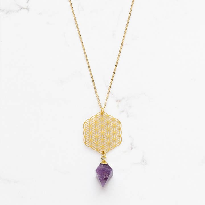 Amethyst Pendulum Flower of Life Necklace for wholesale by Stitch and Stone