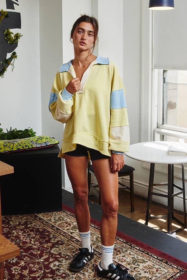 BUCKETLIST INC - Wholesale Tunic - Women's - T2004E French Terry Color-block Collared Loose Fit Top2