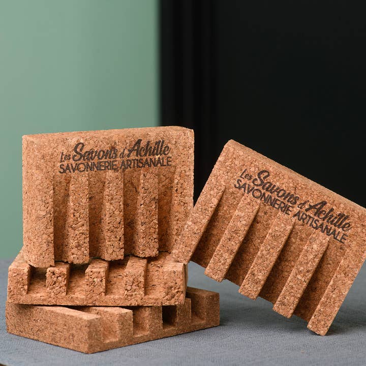 Les Savons d'Achille - Wholesale Bath Soap Dish - Jerez cork soap holder with logo - Size 98 x 73 x 19