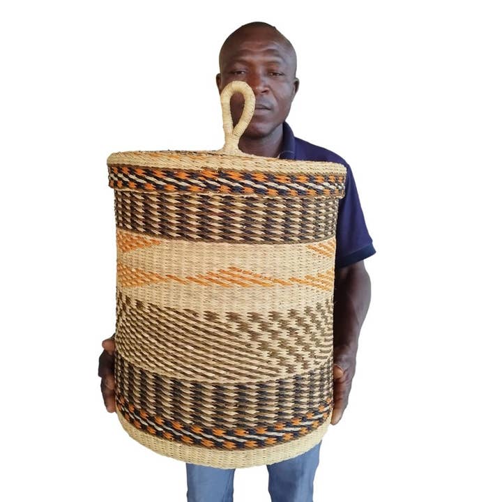African Heritage LLC - Wholesale Laundry basket - Hand-woven African Bolga Laundry Basket with Lid
