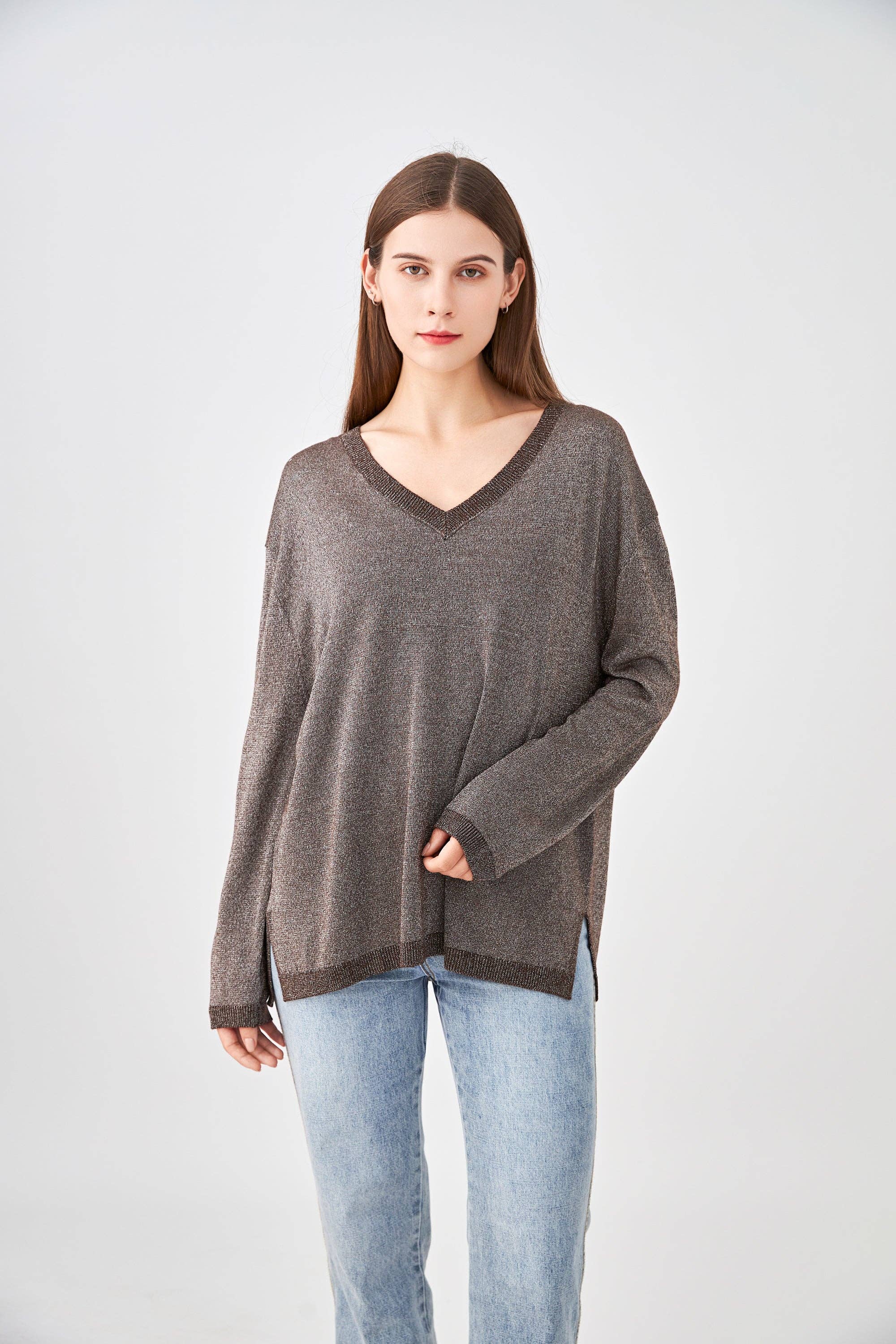 jw.atelier - Vente Pull en maille – femme - Pull lurex cachemire col V oversize11