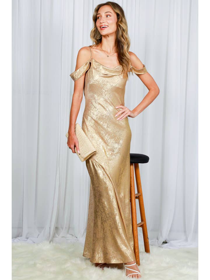 Gold Off-The-Shoulder Strap Detail Metallic Maxi Dress VD82369 for wholesale on Faire9