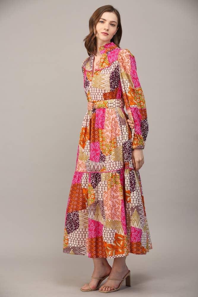 FUCHSIA/ORANGE/LILLA MIDIKJOLE I PATCHWORK BOMULDSDETALJER MED BÆLTE FD32154 for engroshandel på Faire3