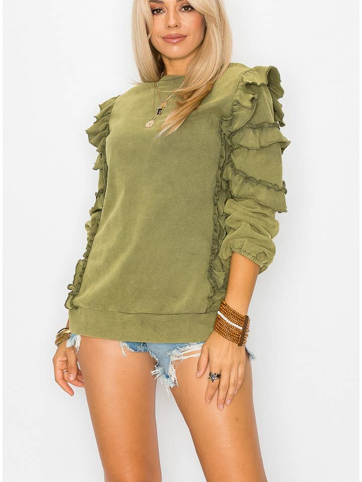 Cezele - Wholesale Sweatshirt - Women's - Ruffle sleeve French terry washed sweatshirt
