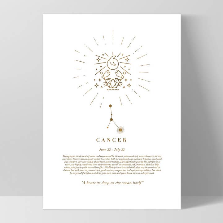 PRINT AND PROPER – wholesale Art print – Cancer Astrology Scandi Boho Print. Zodiac Poster in Gold