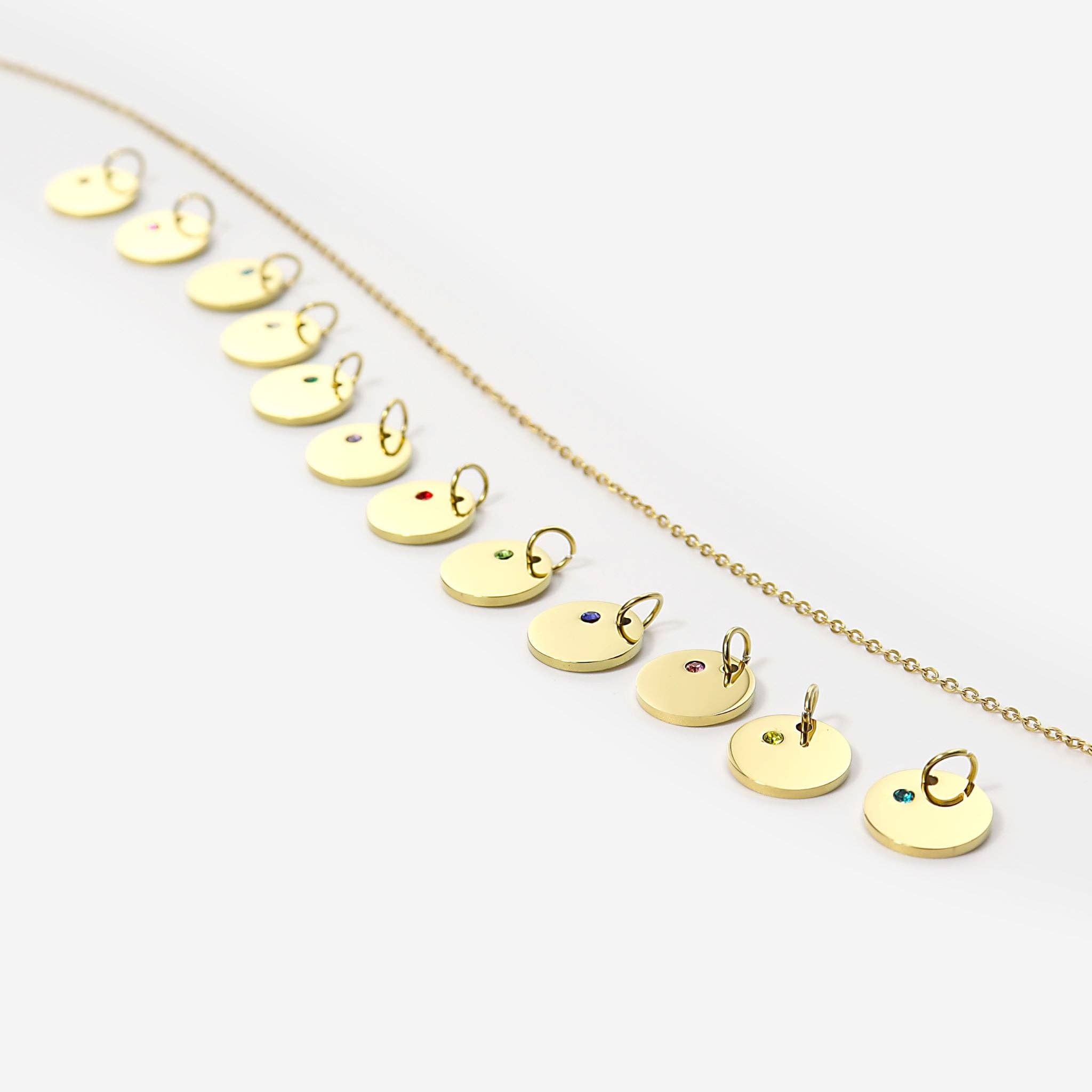 WJW - Vendita all'ingrosso Ciondolo/pendente - Charm rotondo da incidere con pietra di nascita, acciaio inox PVD oro 18K18