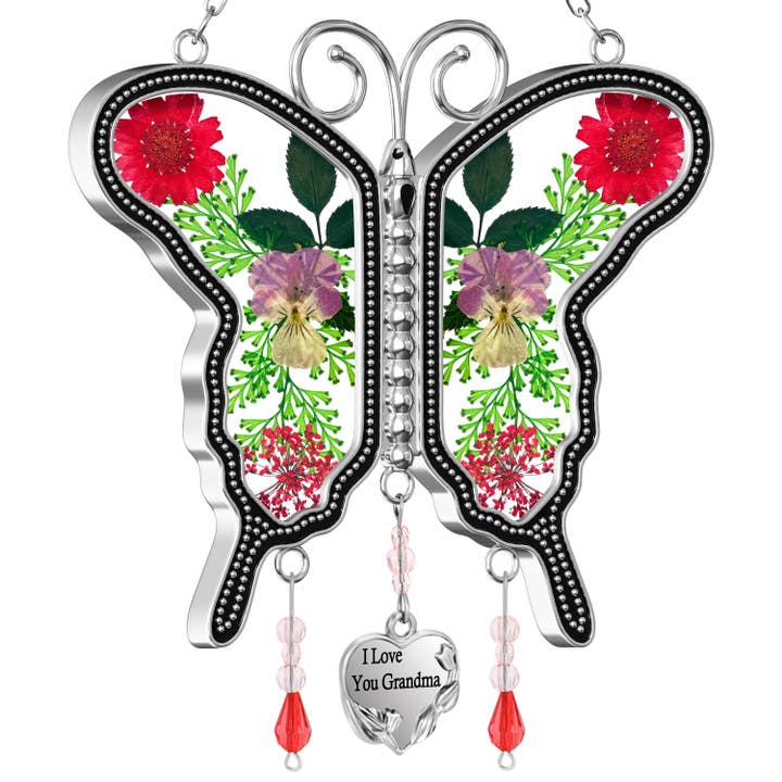 "I Love You Grandma" Butterfly Suncatcher – Handmade Glass Ornament with Real Flowers for wholesale by Longshinnning