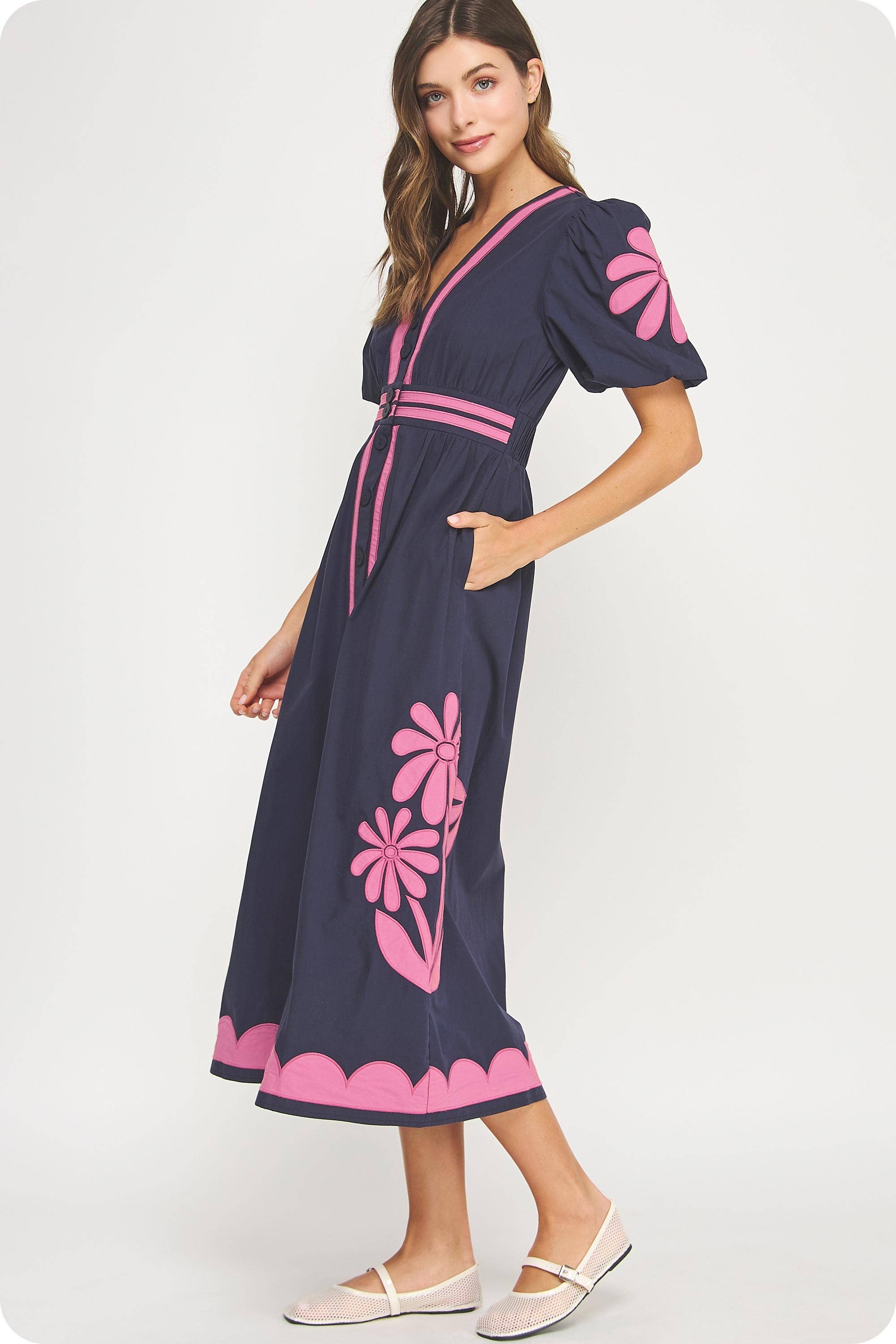 Navy chateau Rose Flower Patch Contrast Embroidery Midi Dress for wholesale on Faire6