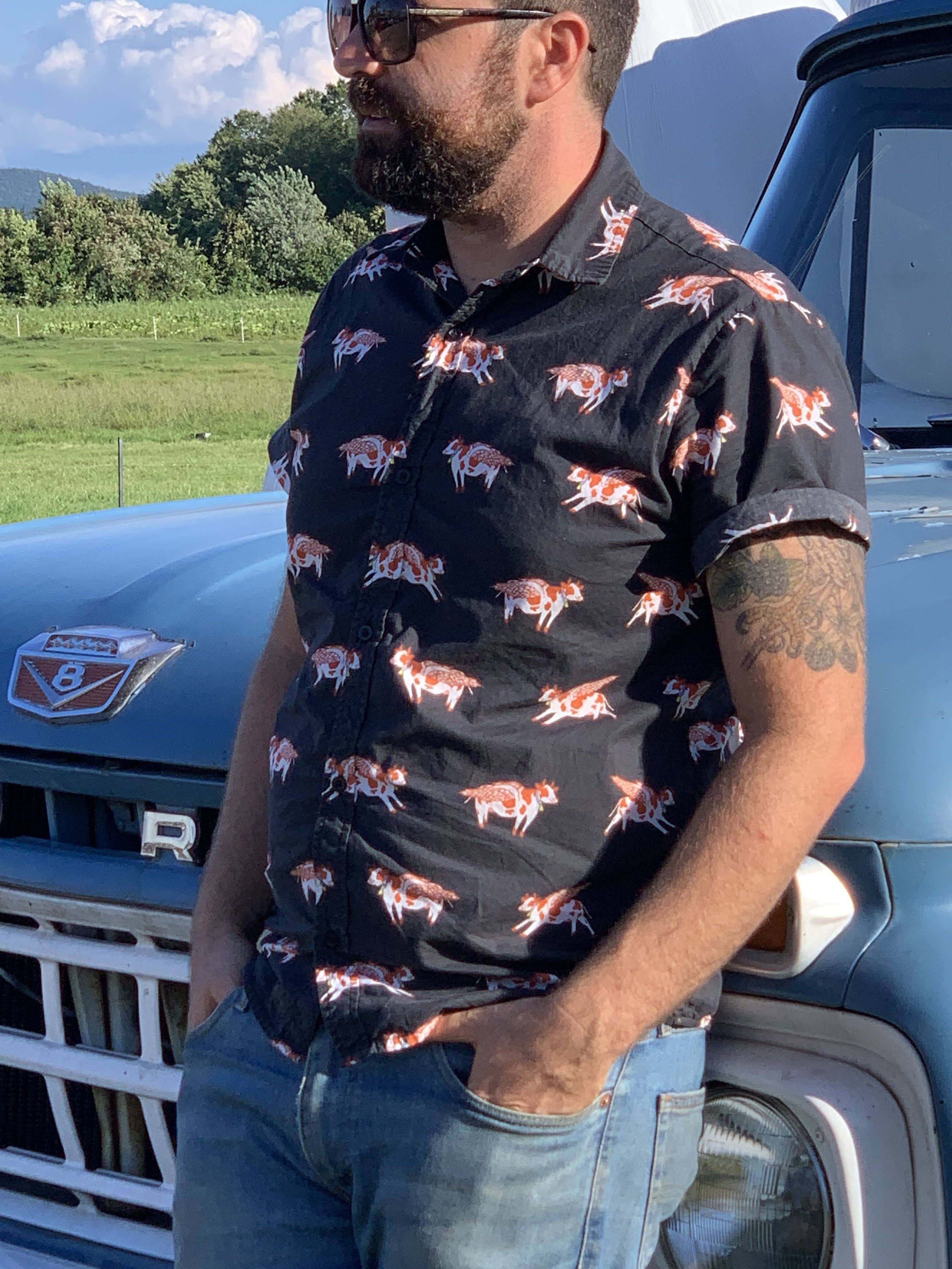 Animal Instincts - Wholesale Button Down Shirt - Unisex - Flying Cows Unisex Cotton Button Up Short Sleeves1