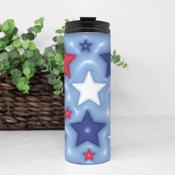 3 D Pluff Red White and Blue Stars Thermal Tumbler 16 oz. for wholesale by SUNFLOWER DREAMS BOUTIQUE
