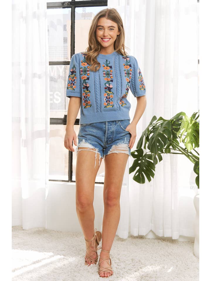 Sweet Generis - Wholesale Knit Sweater - Women's - CUTE FLORAL EMBROIDERY CASUAL PULLOVER SWEATER13