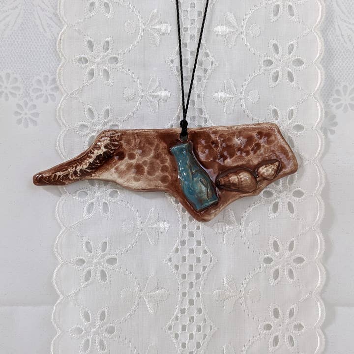 North Carolina ornament with mountains seashells and pottery for wholesale by CurlyFernCeramics