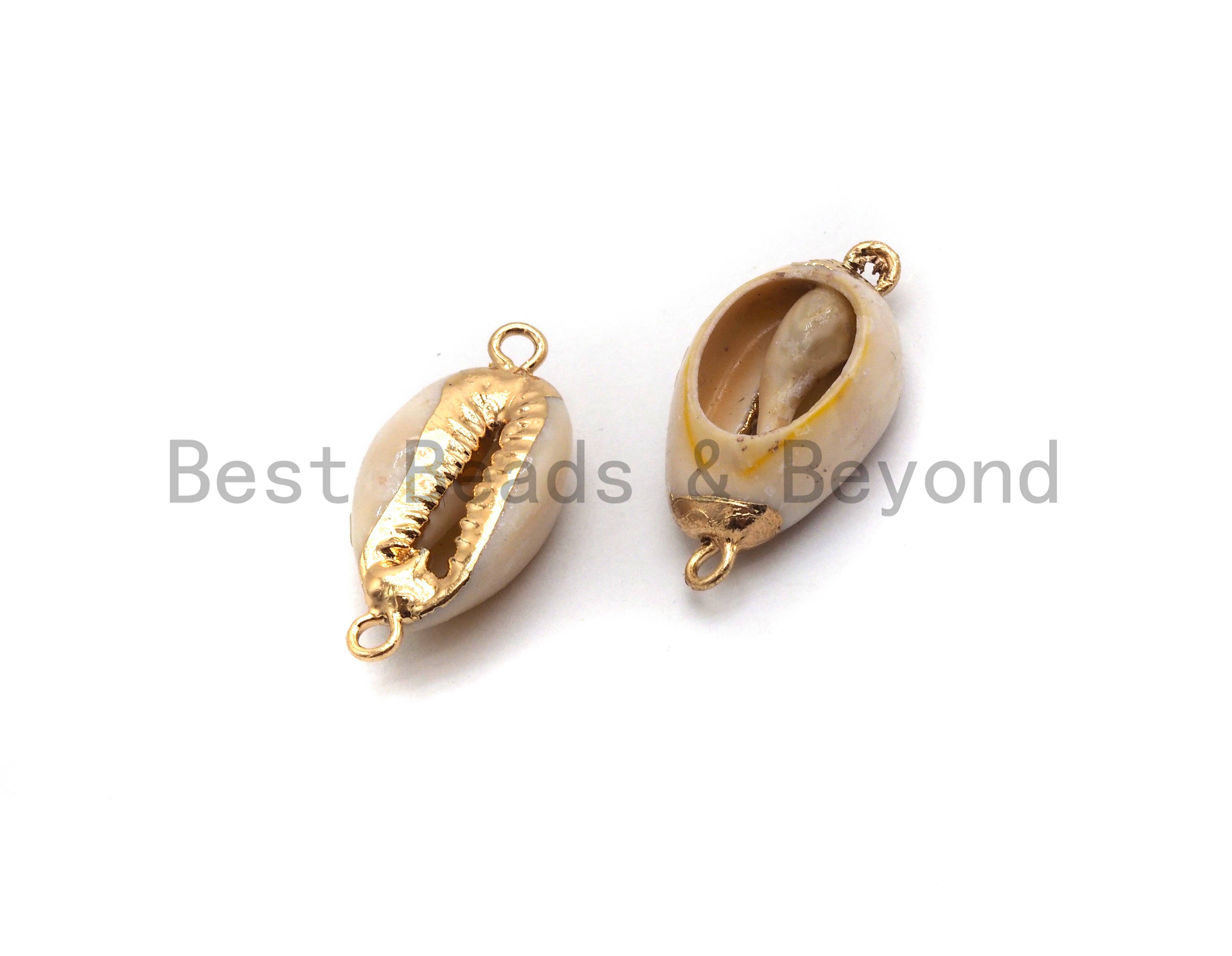 BestBeads&Beyond - Wholesale Individual Charm/Pendant - Gold Plated Cowrie Shell Connector, Double Bails Cowrie, Cowrie Charms, Gold Cowrie, Cowrie Necklace, Boho Charm, 12x24mm, Sku#V383