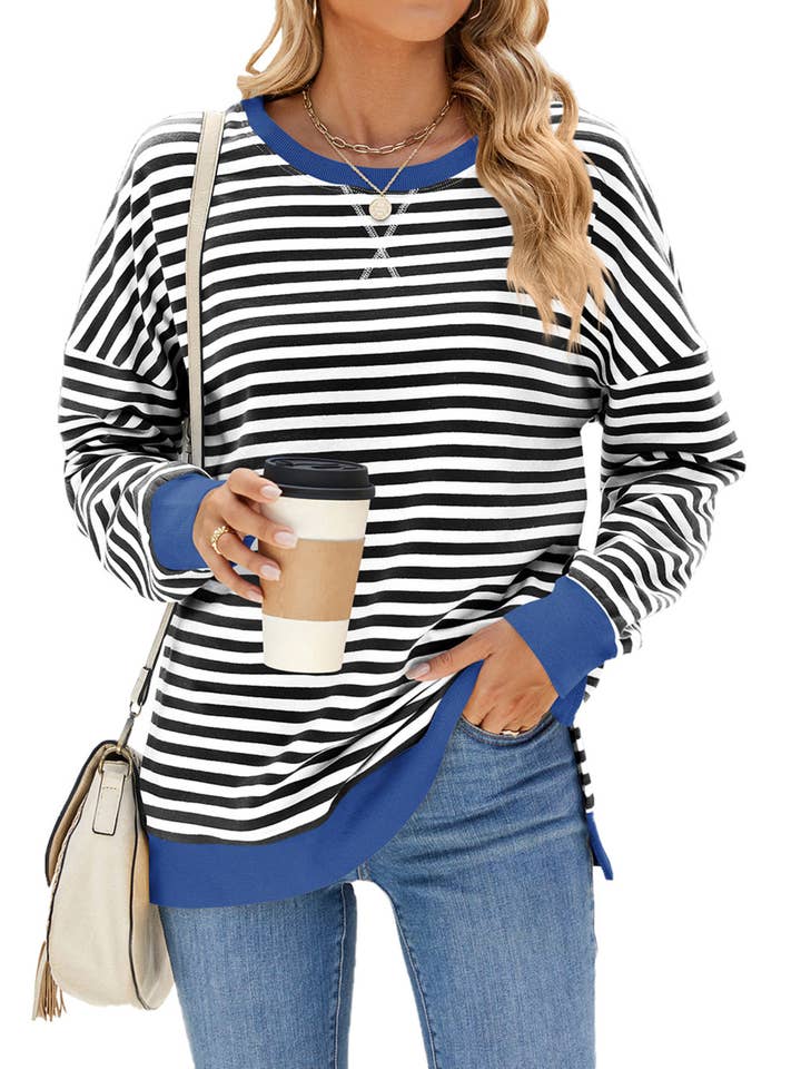 Wholesalesir - Wholesale Sweatshirt - Women's - Contrast Round Neck Split Long Sleeved Striped Hoodie