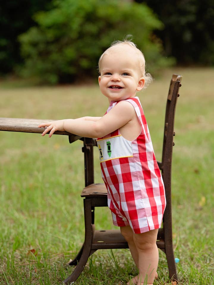 Posh Pickle - Wholesale Jumpsuit - Baby - Scribble Red Gingham Crayon Embroidery Jonjon1