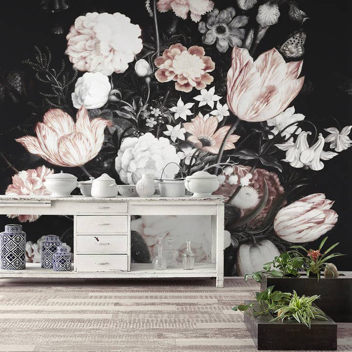 Dark Hydrangea Tulip Florals Removable Wallpaper for wholesale by GK Home Decor