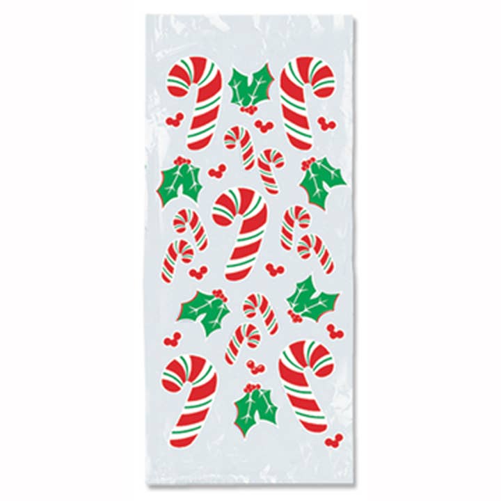 Beistle - Wholesale Cellophane Bag - Candy Cane & Holly Cello Bags