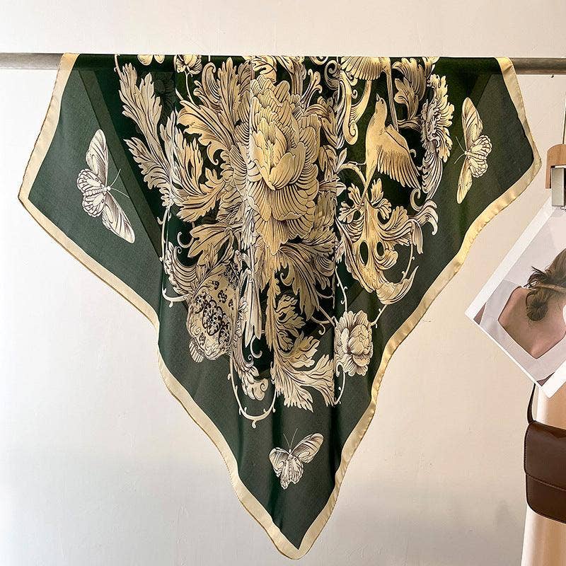 SueSilkHK - Wholesale Scarf - Women's - Green Boho Flora Chic Large Satin Scarf | 90x90cm Bandana | Twill Satin Shawl | Perfect Gift for Her, Mother's Day9