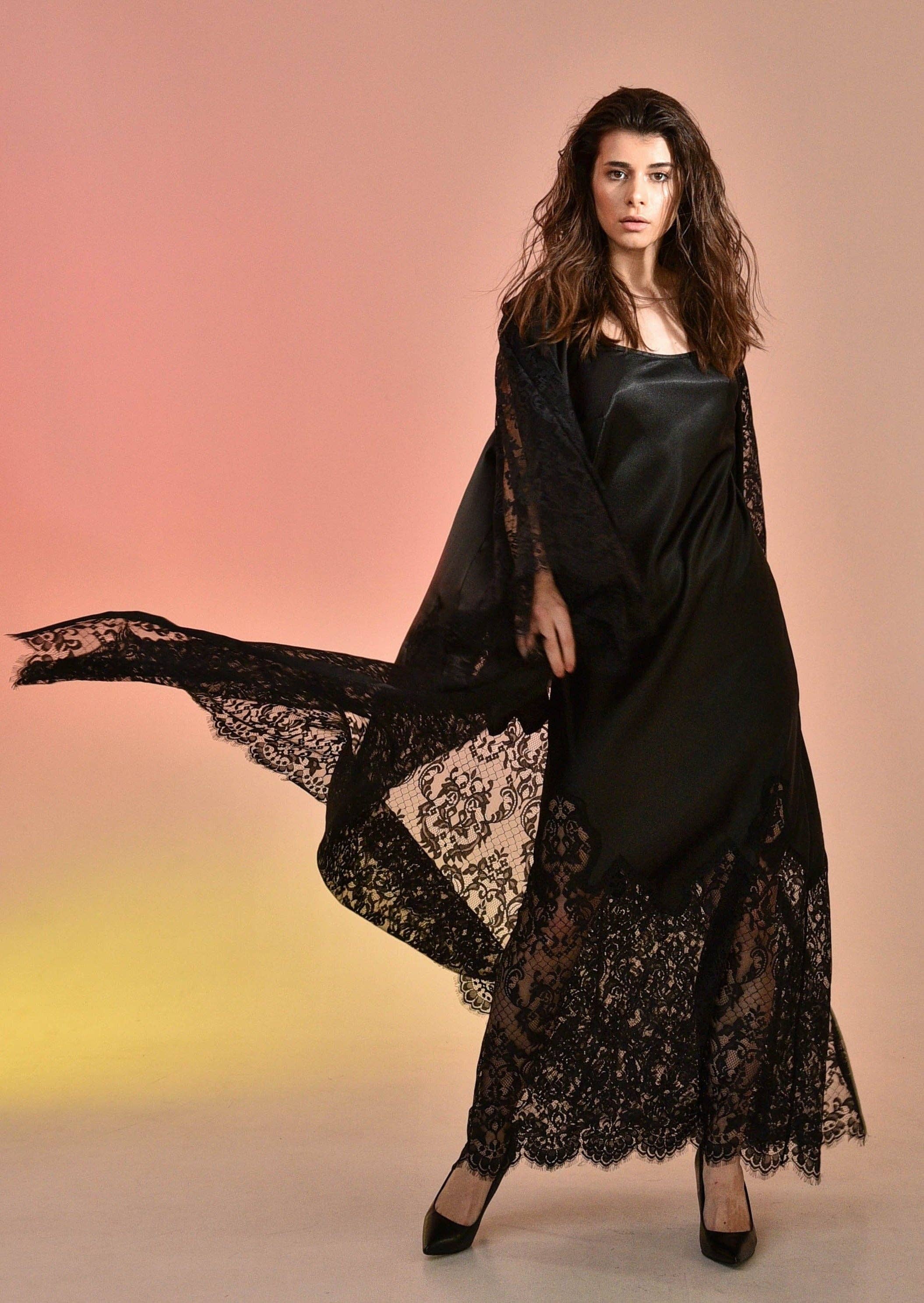 More Than a Woman Black Robe and Nightgown Set with Lace for wholesale on Faire2