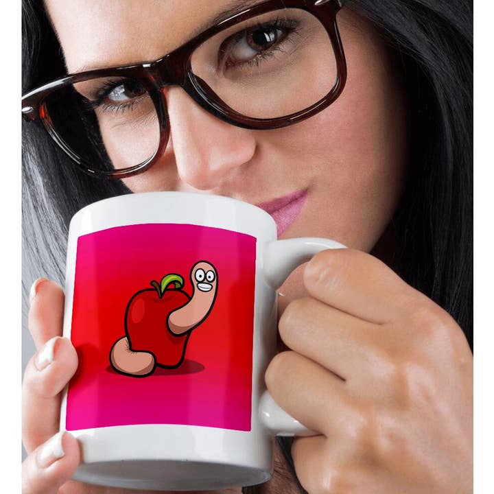 3dRose - Wholesale Coffee mug - 3dRose, Apple with Worm Cartoon with Pink and Red Background, Mug9