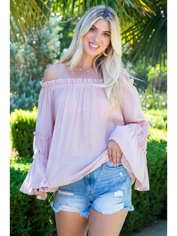 Sweet Lovely by Jen - Wholesale Blouse โ Womenโs - TIERED BELL SLEEVE OFF SHOULDER TOP20