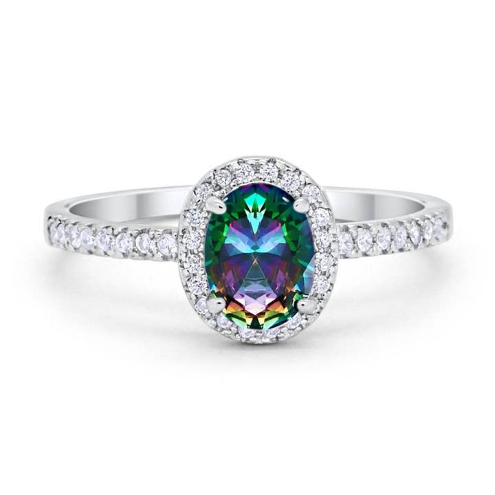 Halo Oval Engagement Ring Simulated Rainbow CZ for wholesale by Blue Apple Imports