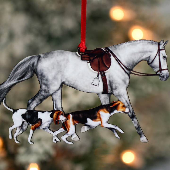 Dapple Gray Fox Hunter Horse and Hound Field Hunter Ornament for wholesale by Classy Equine
