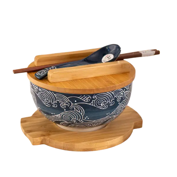 Urban Tokyo - Wholesale Serve Bowl - Wave Nami Bowl w/ Chopsticks, Spoon, Lid and Trivet Set1