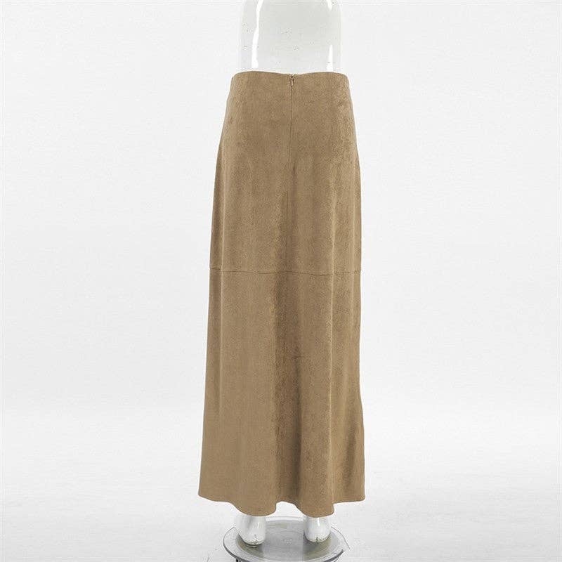 KHAKI Solid High Waist Straight Suede Midi Skirt for wholesale on Faire6