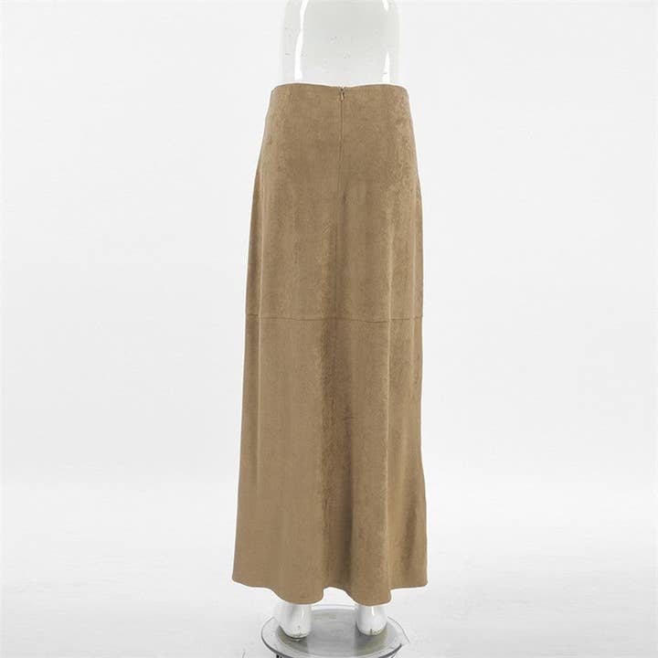KHAKI Solid High Waist Straight Suede Midi Skirt for wholesale on Faire6