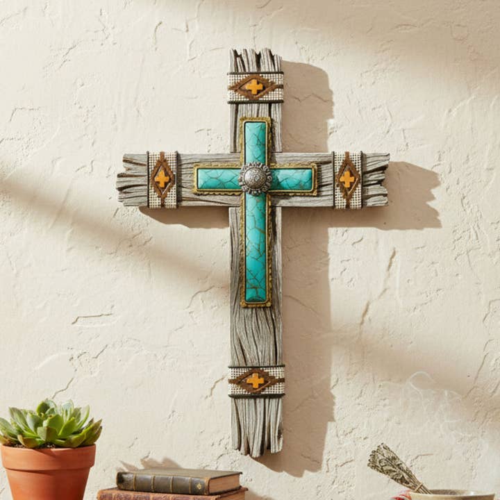 Resin Wood Southwestern Cross Turquoise Layer Cross Décor for wholesale by De Leon Collections