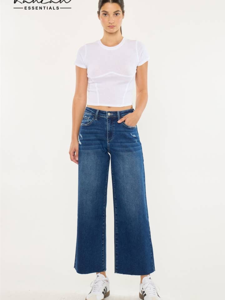 OPEN PACK CRATER HIGH RISE CROP WIDE LEG JEANS-KC20108D for wholesale by Kan Can USA
