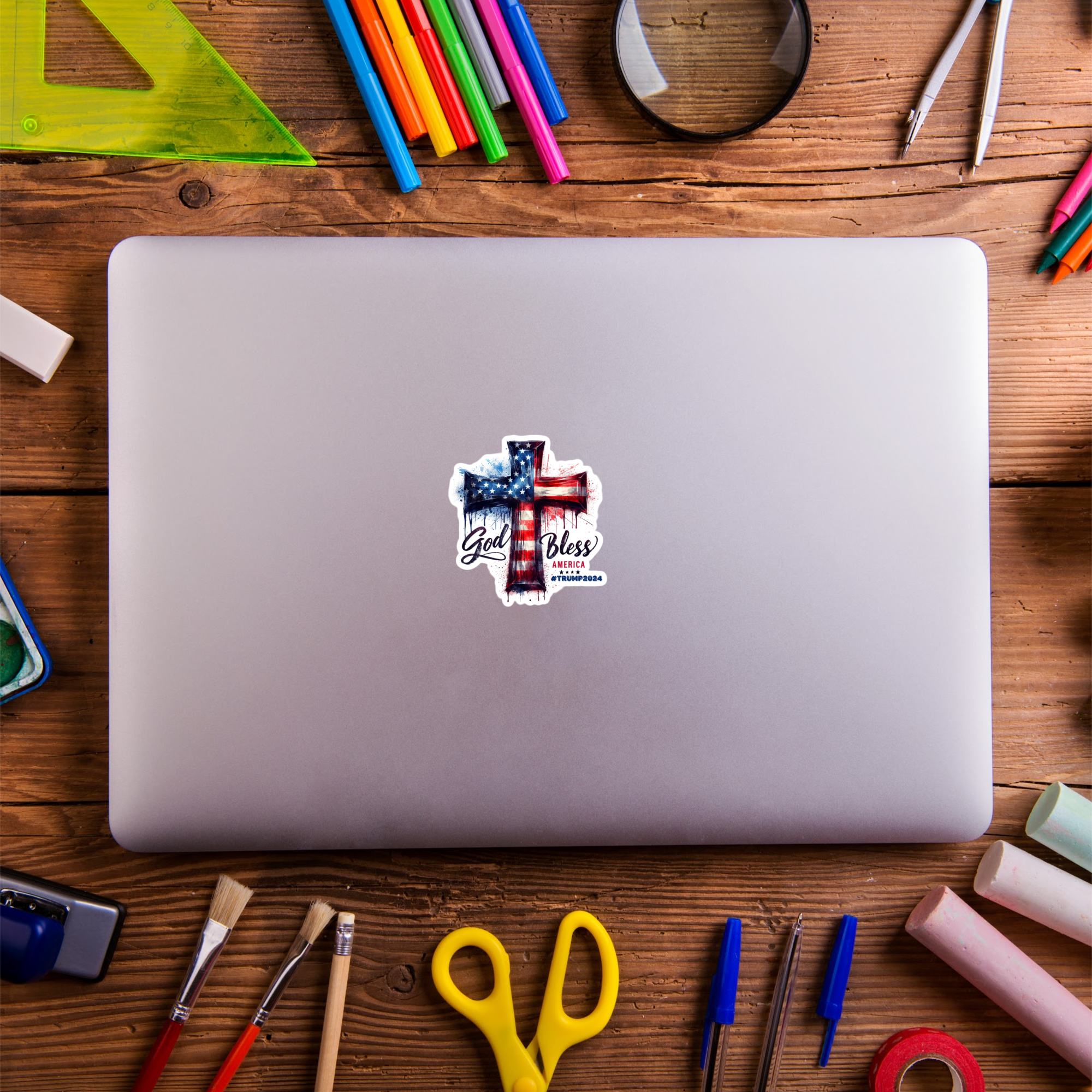 Jazzy Pop Stickers - Wholesale Sticker - 3" God Bless America Trump Cross USA 2024 laminated sticker 1
