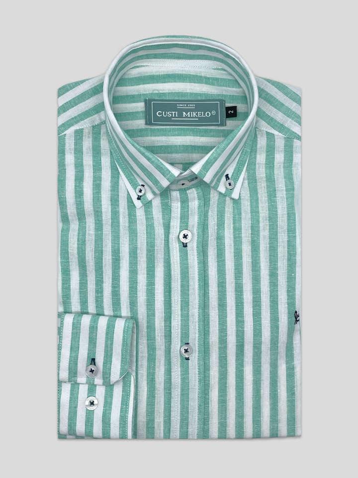Custi Mikelo - Wholesale Button Down Shirt - Men's - Green Striped Linen Shirt | Baza