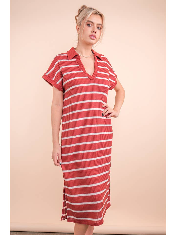 VERY J - Wholesale Dress - Women's - ND31647-Oversized Collared Striped Knit Midi Dress