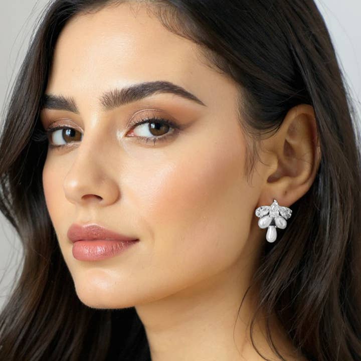 Sensibling Corp. - Wholesale Stud/Post Earrings - 14K Gold Dipped Teardrop CZ Stone Pearl Cluster Stud Earrings4