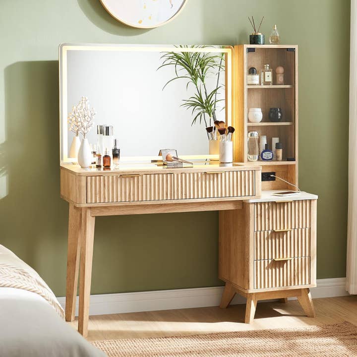 ShipItFurniture - Wholesale Vanity Mirror - 48" Fluted Makeup Vanity Desk with Large 36" Mirror and Lights, Modern Glass Top Big Vanity Table with 5 Drawers & Adjustable Shelves, Dressing Table Set W/Charging Station for Bedroom, Oak