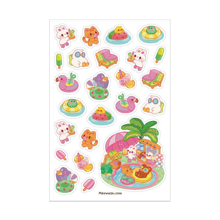 Summer Party by the Pool Sticker Sheet for wholesale by Meowashi Studio