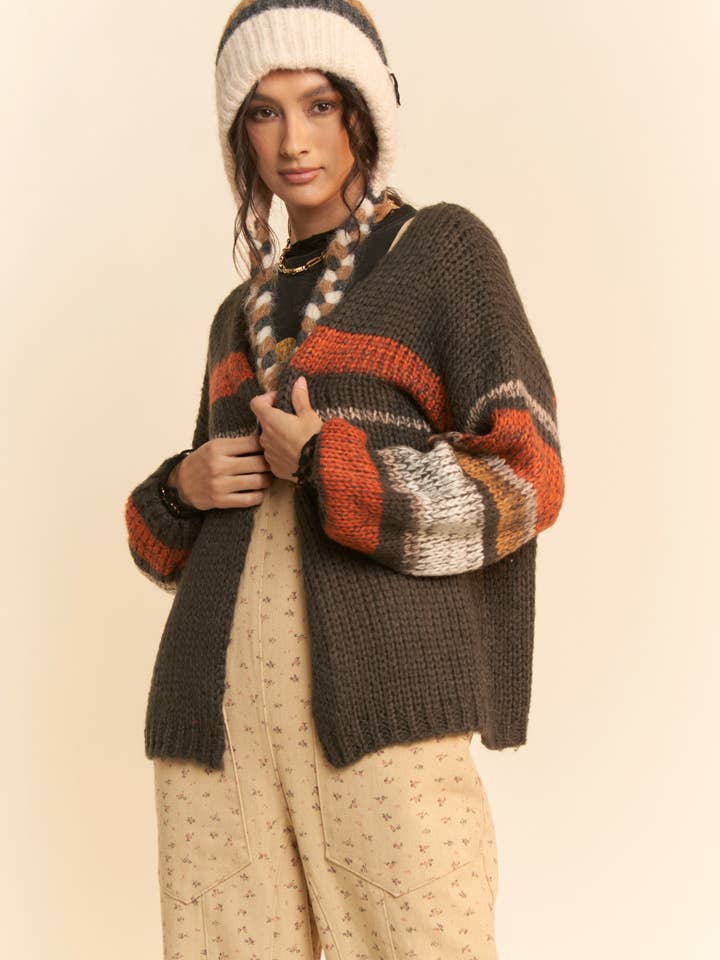 Charcoal Gray MULTI STRIPED DROP SHOULDER SHORT LENGTH CARDIGAN for wholesale on Faire