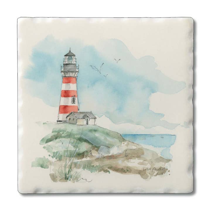 "Seaside Journey-Lighthouse" 4pk Tumbled Tile Coaster Set for wholesale by Conimar Promotions