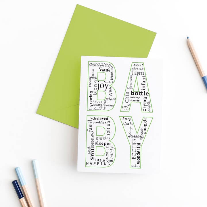 Baby Words Babykarte | Gute Wünsche zur Schwangerschaft für den Großhandel von Smiles By Megan | Zatetic Studios, LLC