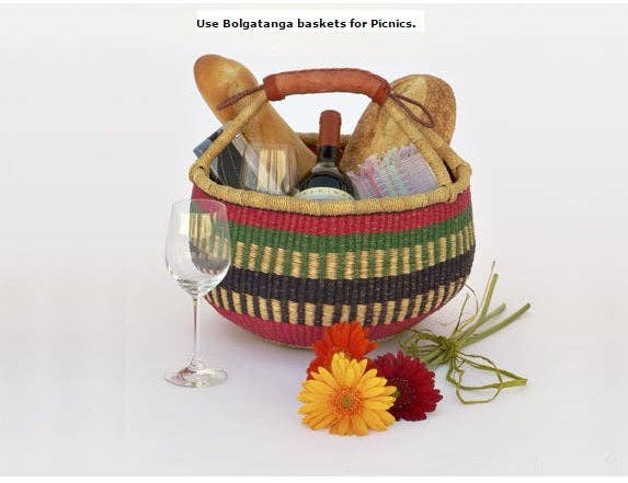The African Home Goods - Wholesale Basket - Round Bolga Market Basket w/ Leather Wrapped Handle - Green Assorted 1 EA8