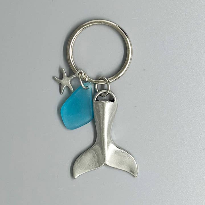 Whale tail w/ Turq Seaglass Keychain for wholesale by Basic Spirit