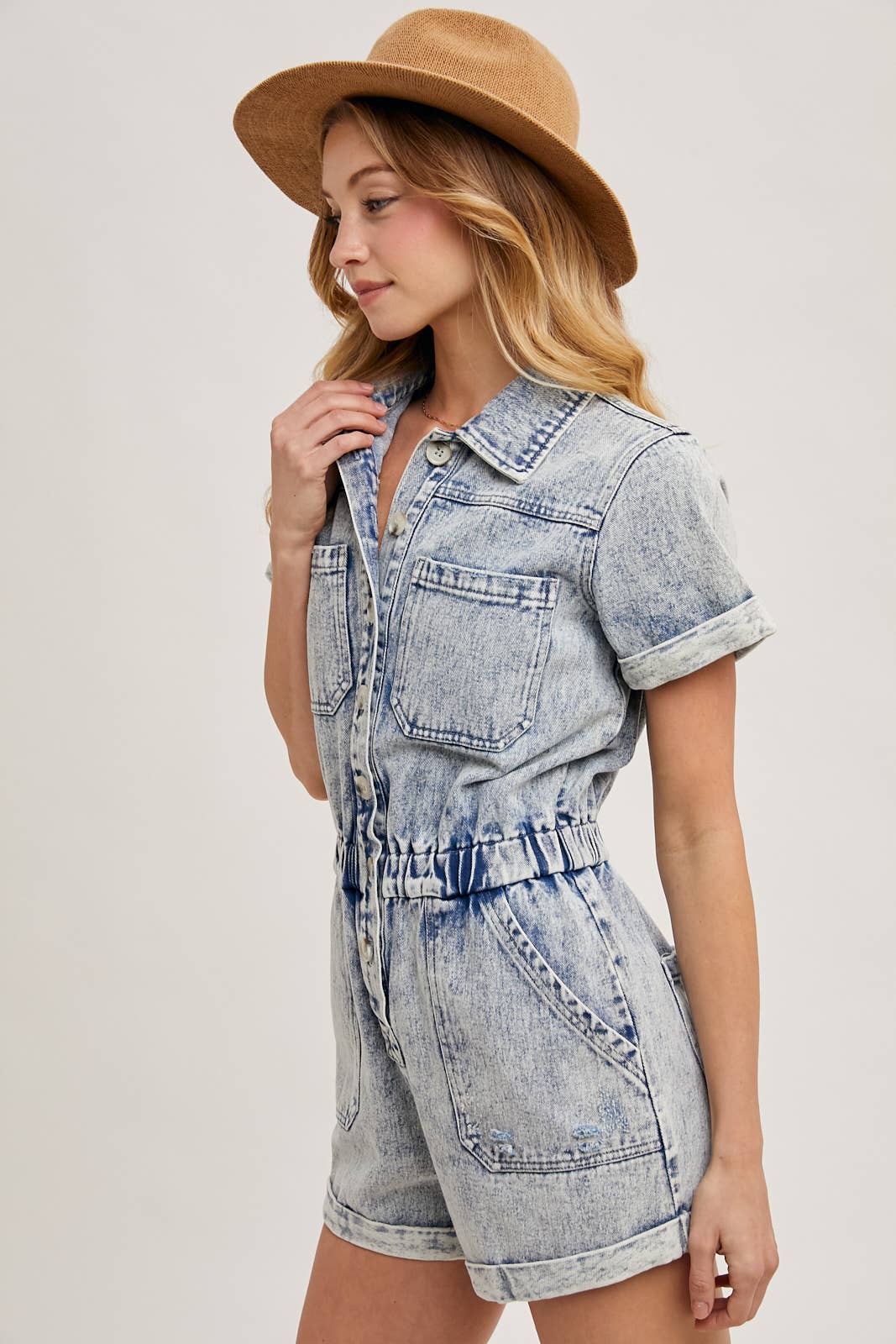 Bluivy - Wholesale Romper - Women's - WASHED DENIM SHORT SLEEVE ROMPER6