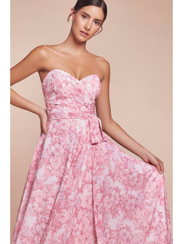 Ladivine by Cinderella Divine - Wholesale Dress - Women's - STRAPLESS A-LINE FLORAL SATIN DRESS
