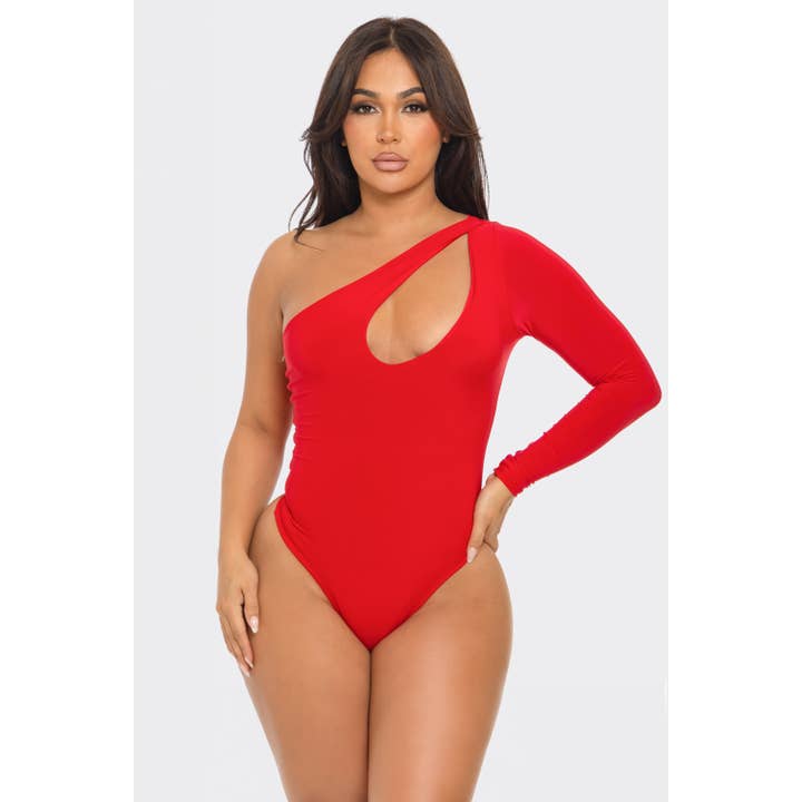 J6778 One Shoulder Cut Out Thong Lined Bodysuit for wholesale by Uptown Apparel