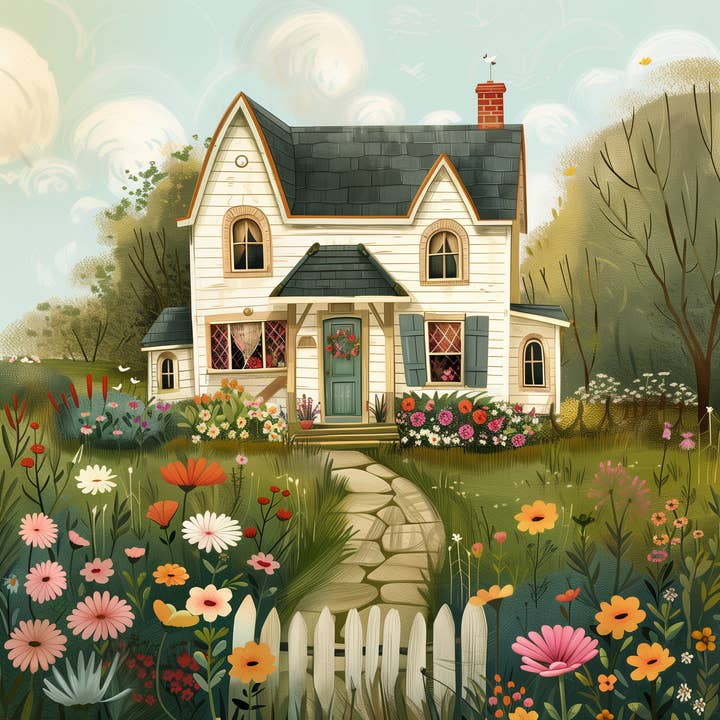 Mowbi - Wholesale Art Print - Farmhouse with Garden Folk Art Print