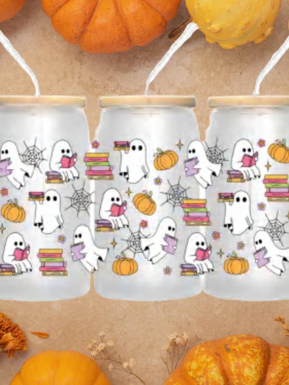 16oz Ghost Halloween Glass Can Cup- Bamboo Lid & Straw  for wholesale by MySunshineCandless