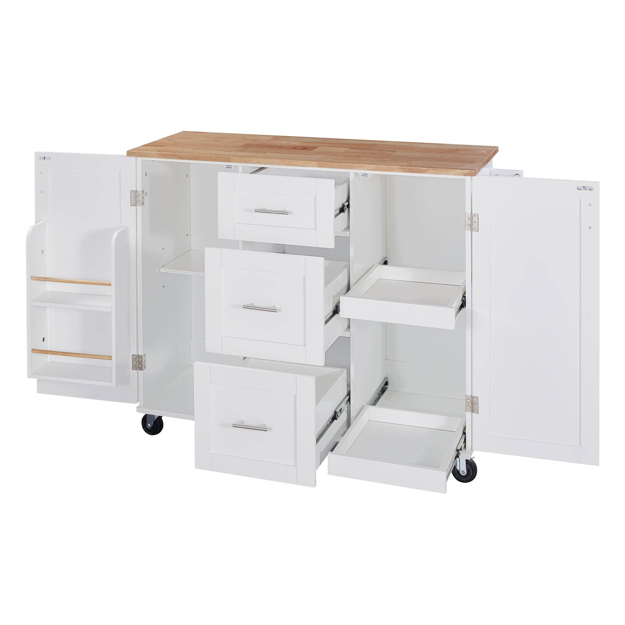 Orange County Decor - Wholesale Kitchen Storage/Organizer - K&K Rolling Kitchen Island With Storage, Kitchen Cart With Rubber Wood Top, 3 Drawer, 2 Slide Out Shelf And Internal Storage Rack, Kitchen Island On Wheels With Spice Rack & Tower Rack, White White12