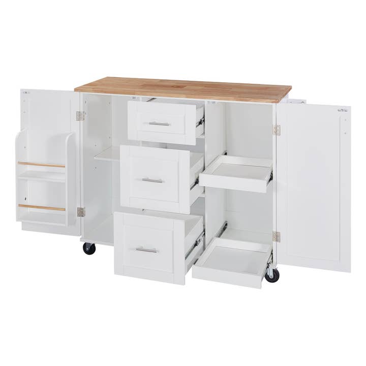 Orange County Decor - Wholesale Kitchen Storage/Organizer - K&K Rolling Kitchen Island With Storage, Kitchen Cart With Rubber Wood Top, 3 Drawer, 2 Slide Out Shelf And Internal Storage Rack, Kitchen Island On Wheels With Spice Rack & Tower Rack, White White12